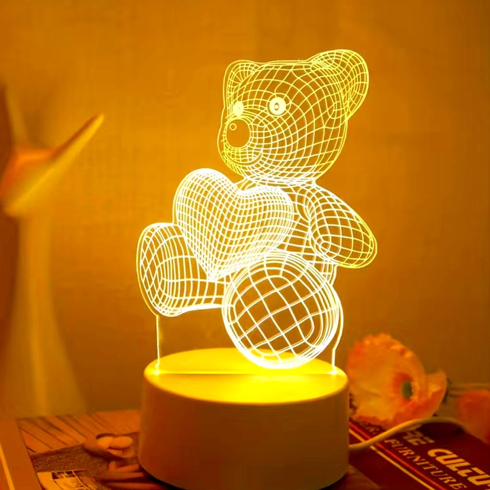 USB Monochrome Heart-Shaped Bear 3D Night Light, Cartoon Night Light